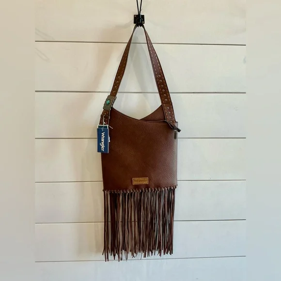 Wrangler Brown Fringe Shoulder Bag with Studded Strap - Picture 1 of 6